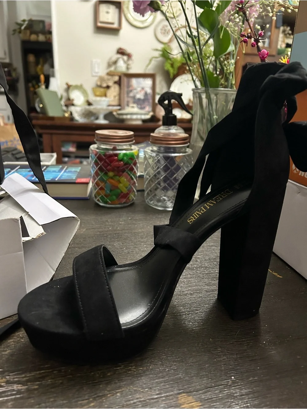 NIB/NWT Dream Pairs Suede Black Platform Block Heel Sandal with Sexy Ankle Tie